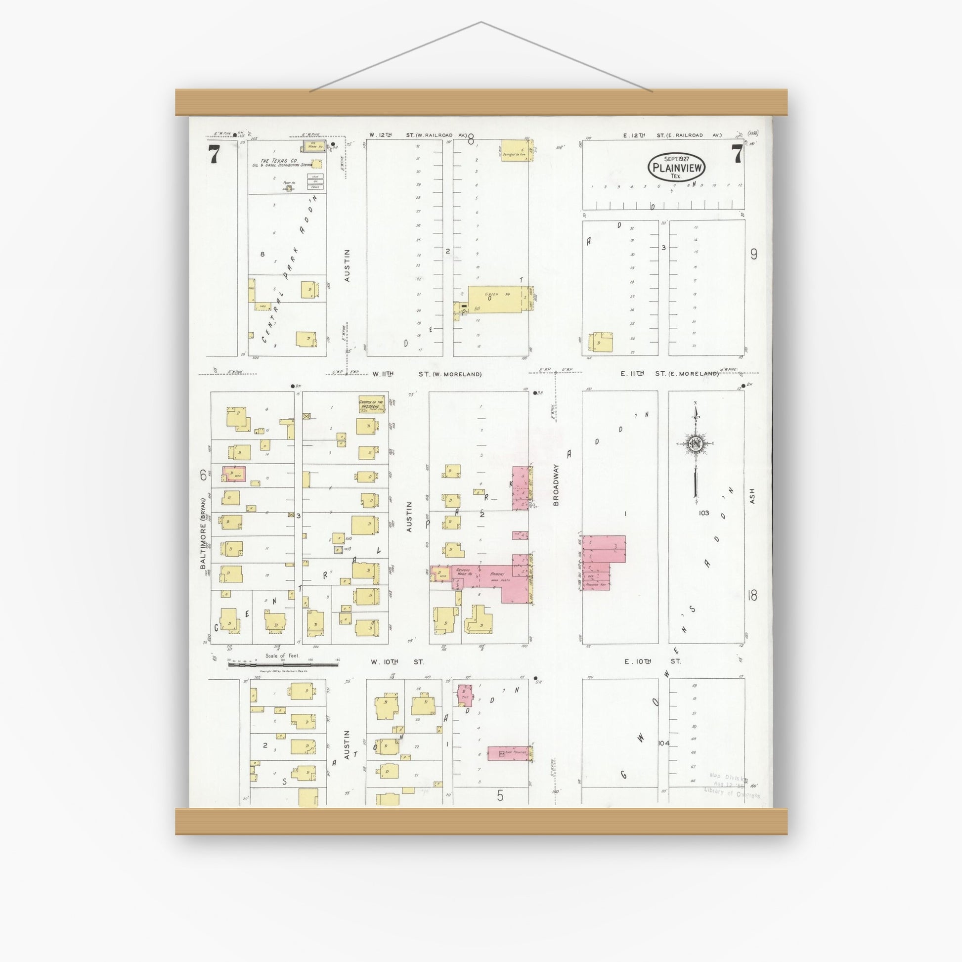 Old map wall art mockup — magnetic wood frame on white wall — Sanborn Fire Insurance Map from Plainview, Hale County, Texas (1927), Sheet #0007