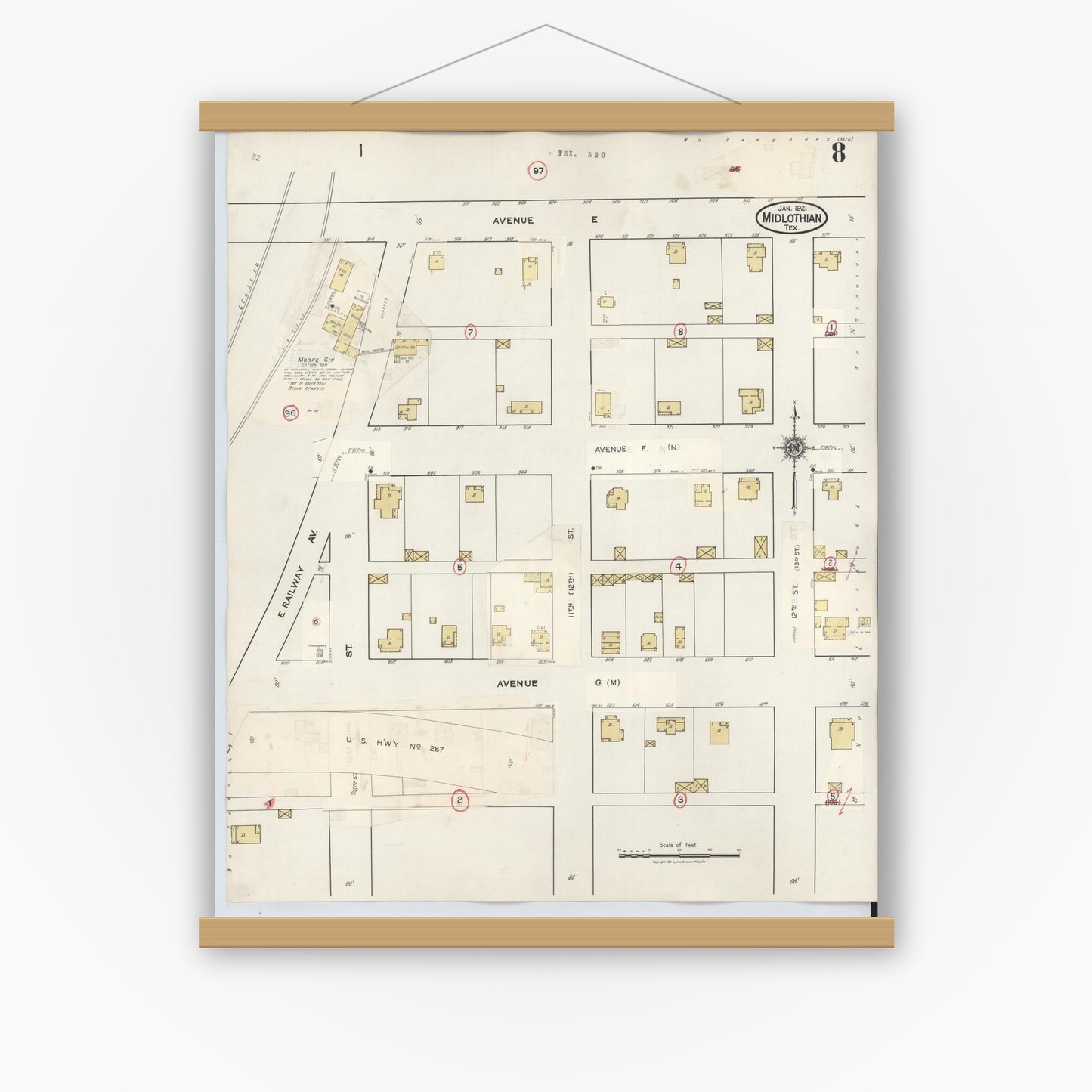 Old map wall art mockup — magnetic wood frame on white wall — Sanborn Fire Insurance Map from Midlothian, Ellis County, Texas (1944), Sheet #0008
