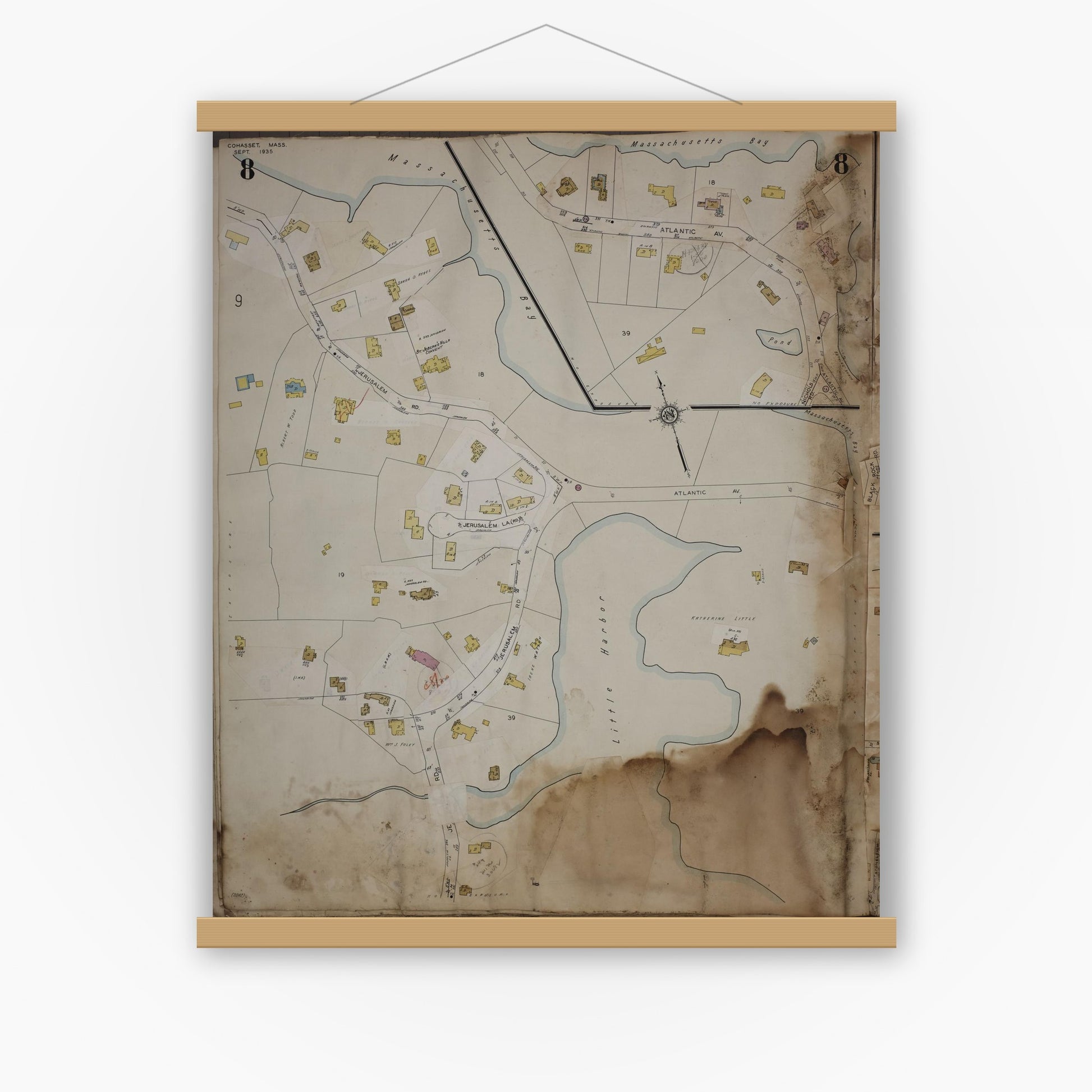 Old map wall art mockup — magnetic wood frame on white wall — Sanborn Fire Insurance Map from Cohasset, Norfolk County, Massachusetts (1963), Sheet #0008