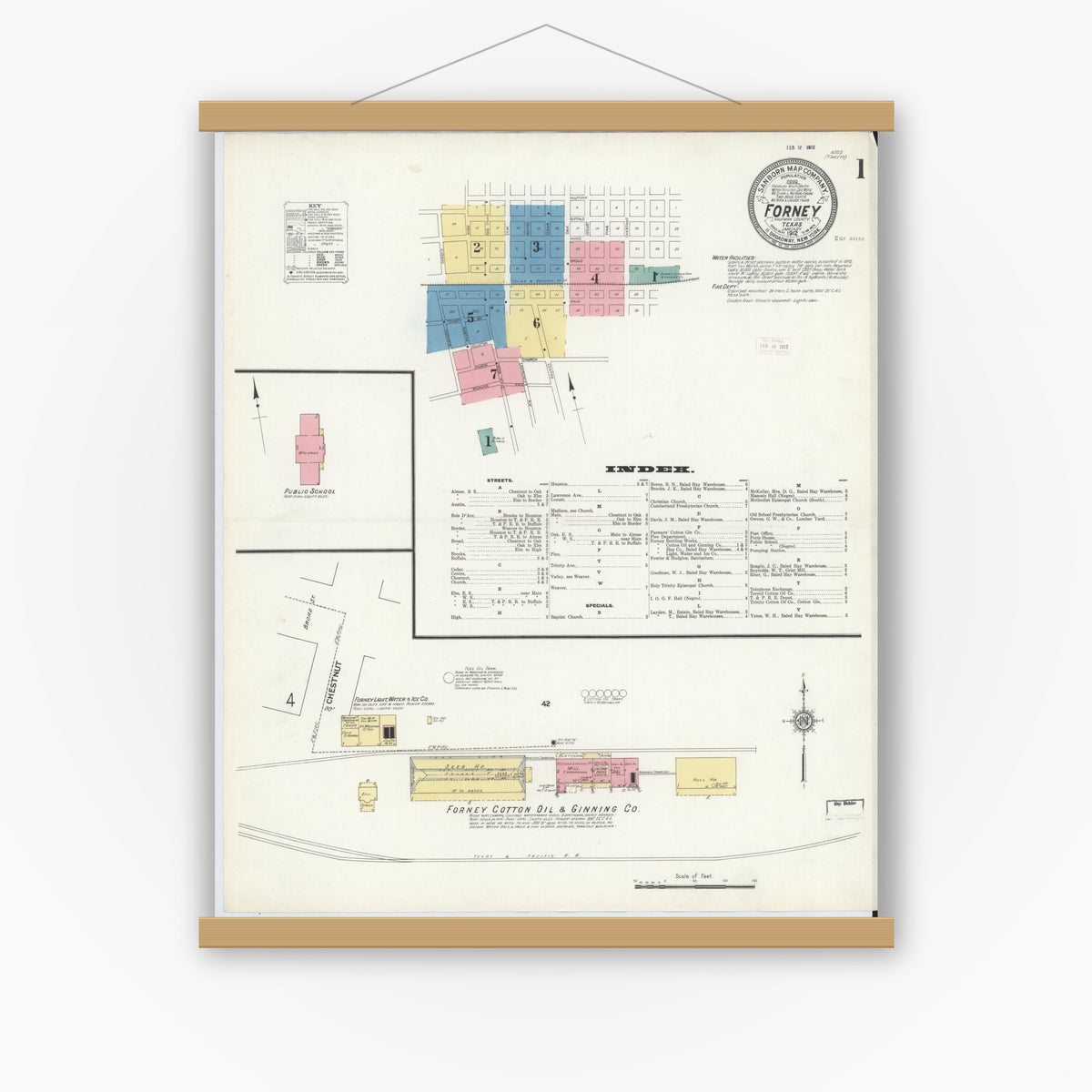 Old map wall art mockup — magnetic wood frame on white wall — Sanborn Fire Insurance Map from Forney, Kaufman County, Texas (1912) - Complete Map Set