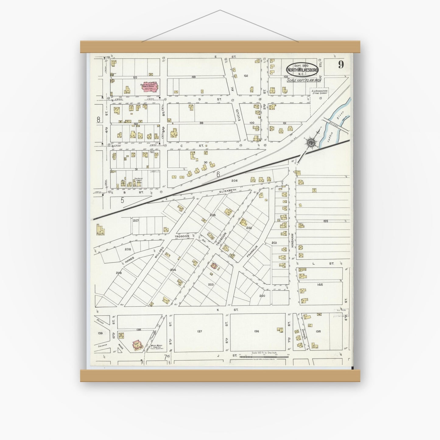 Old map wall art mockup — magnetic wood frame on white wall — Sanborn Fire Insurance Map from North Wilkesboro, Wilkes County, North Carolina (1920), Sheet #0009