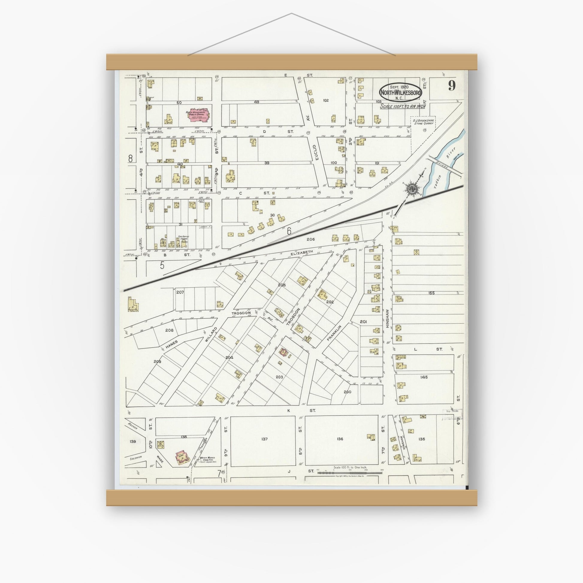 Old map wall art mockup — magnetic wood frame on white wall — Sanborn Fire Insurance Map from North Wilkesboro, Wilkes County, North Carolina (1920), Sheet #0009