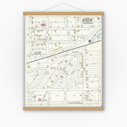 Old map wall art mockup — magnetic wood frame on white wall — Sanborn Fire Insurance Map from North Wilkesboro, Wilkes County, North Carolina (1920), Sheet #0009