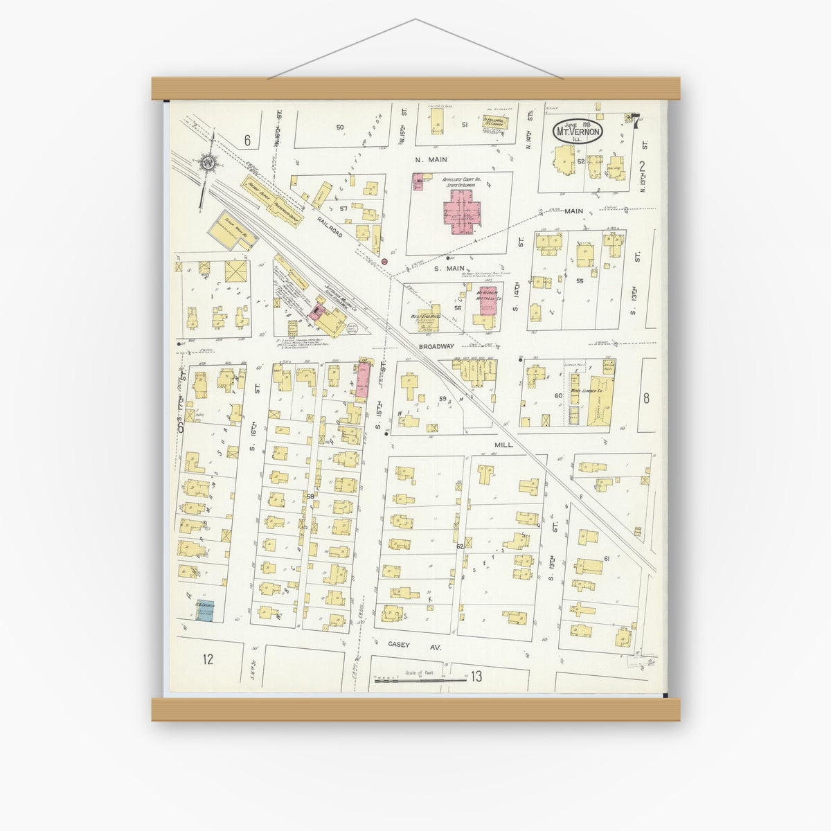 Old map wall art mockup — magnetic wood frame on white wall — Sanborn Fire Insurance Map from Mount Vernon, Jefferson County, Illinois (1913), Sheet #0007