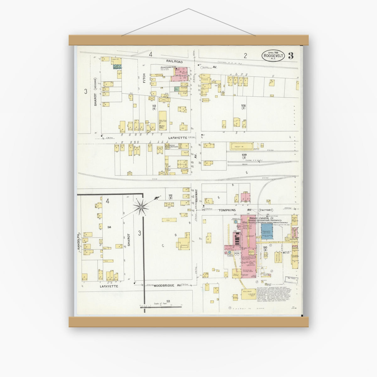 Old map wall art mockup — magnetic wood frame on white wall — Sanborn Fire Insurance Map from Roosevelt, Middlesex County, New Jersey (1908), Sheet #0003