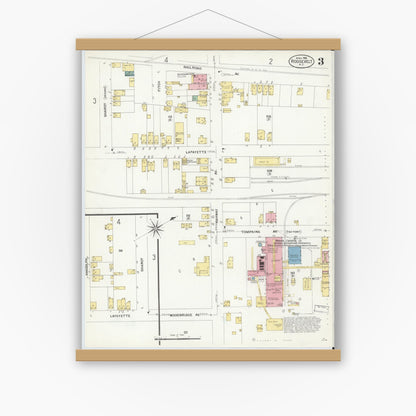 Old map wall art mockup — magnetic wood frame on white wall — Sanborn Fire Insurance Map from Roosevelt, Middlesex County, New Jersey (1908), Sheet #0003