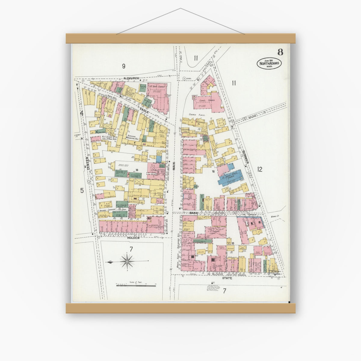 Old map wall art mockup — magnetic wood frame on white wall — Sanborn Fire Insurance Map from North Adams, Berkshire County, Massachusetts (1901), Sheet #0008