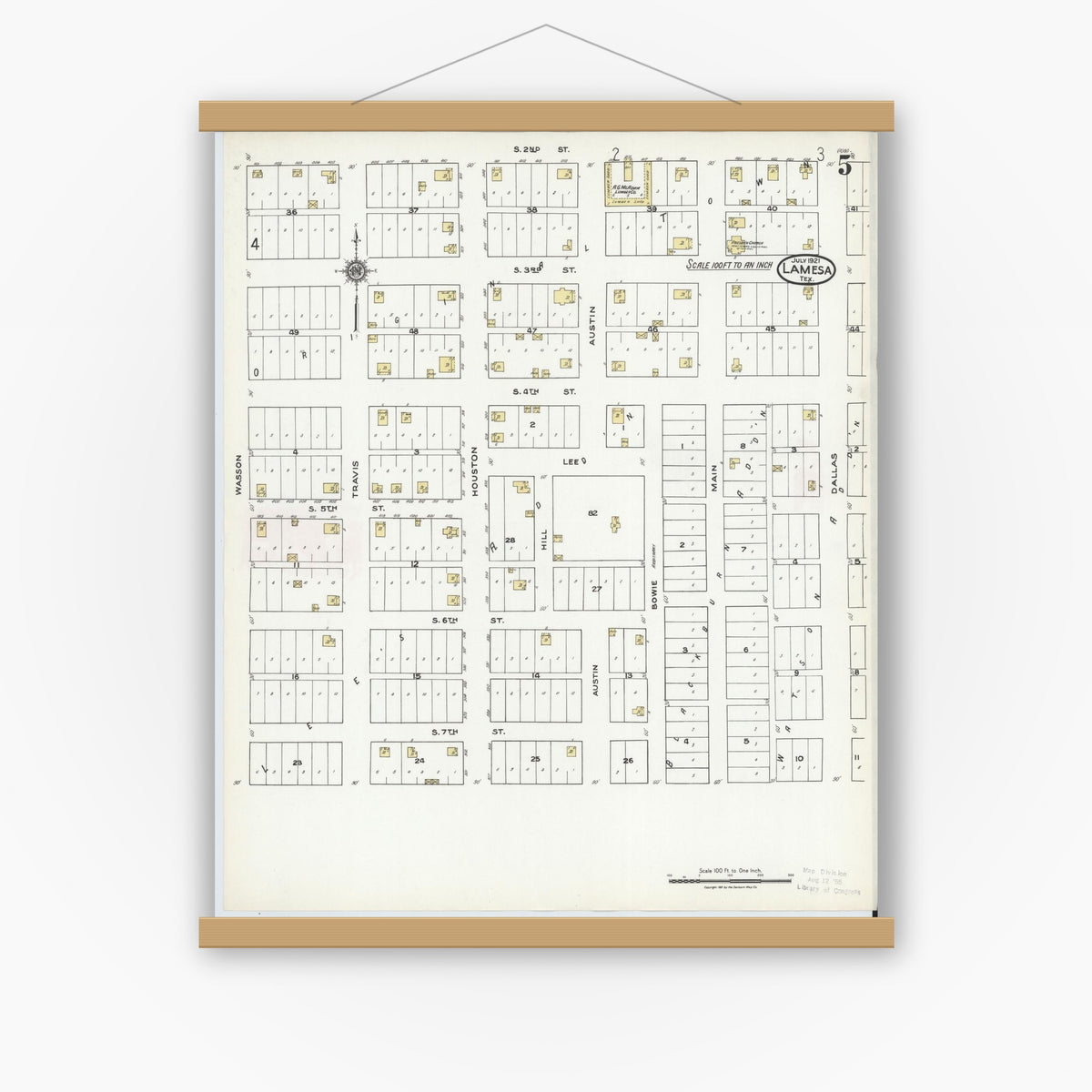 Old map wall art mockup — magnetic wood frame on white wall — Sanborn Fire Insurance Map from Lamesa, Dawson County, Texas (1921), Sheet #0005