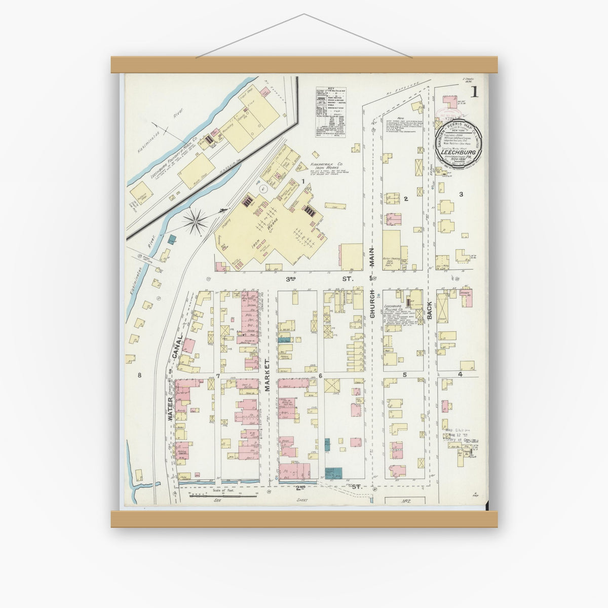Old map wall art mockup — magnetic wood frame on white wall — Sanborn Fire Insurance Map from Leechburg, Armstrong County, Pennsylvania (1891) - Complete Map Set