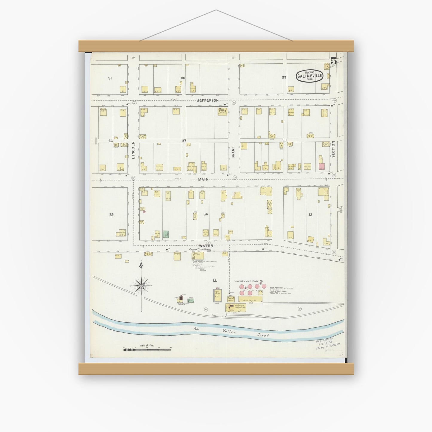 Old map wall art mockup — magnetic wood frame on white wall — Sanborn Fire Insurance Map from Salineville, Columbiana County, Ohio (1895), Sheet #0005