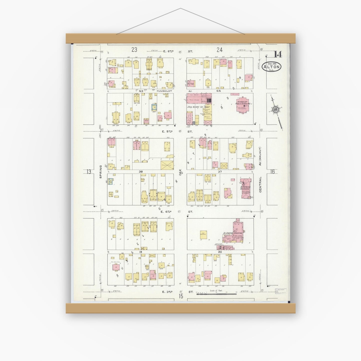 Old map wall art mockup — magnetic wood frame on white wall — Sanborn Fire Insurance Map from Alton, Madison County, Illinois (1915), Sheet #0014