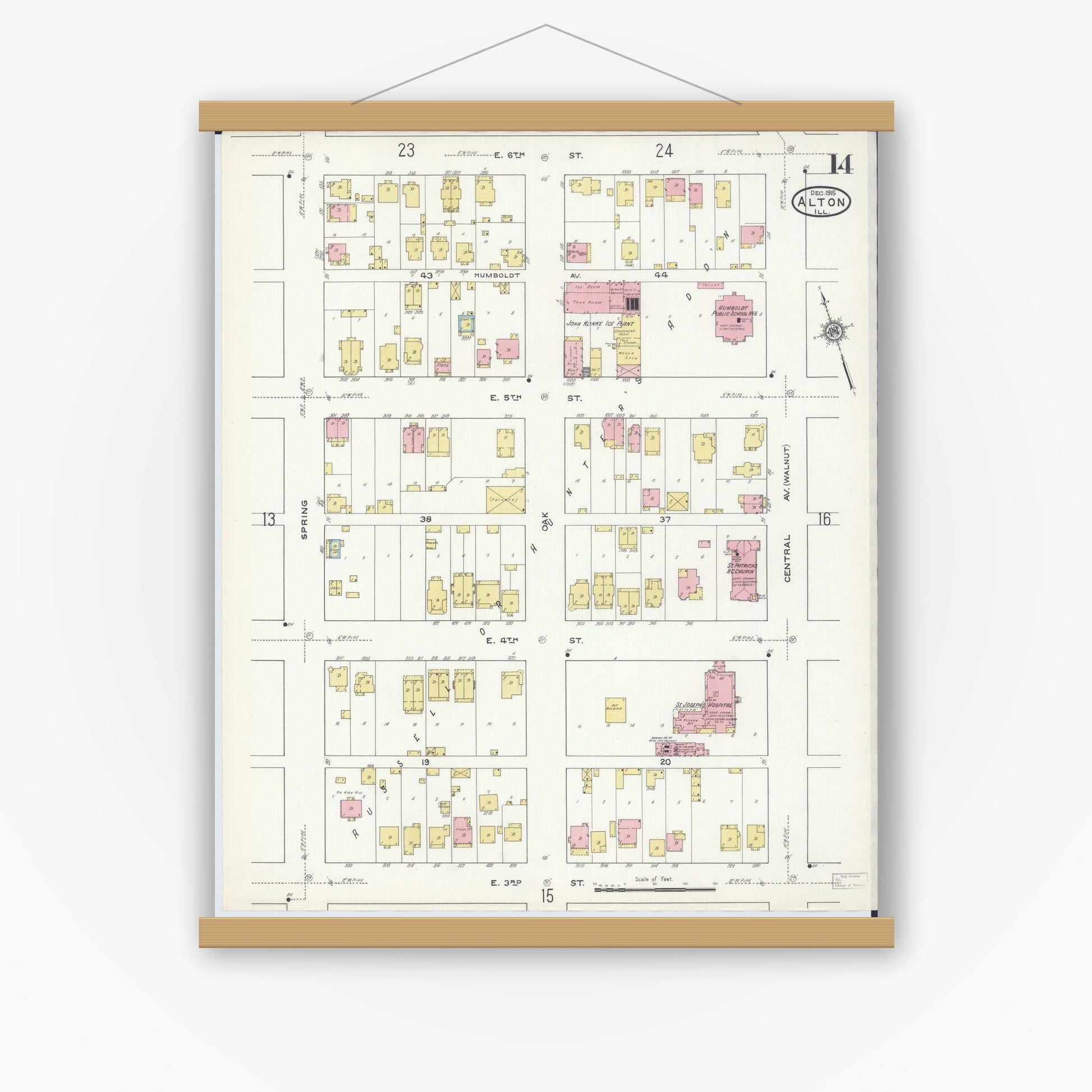 Old map wall art mockup — magnetic wood frame on white wall — Sanborn Fire Insurance Map from Alton, Madison County, Illinois (1915), Sheet #0014