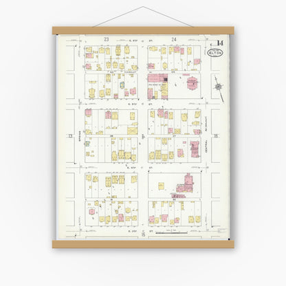 Old map wall art mockup — magnetic wood frame on white wall — Sanborn Fire Insurance Map from Alton, Madison County, Illinois (1915), Sheet #0014