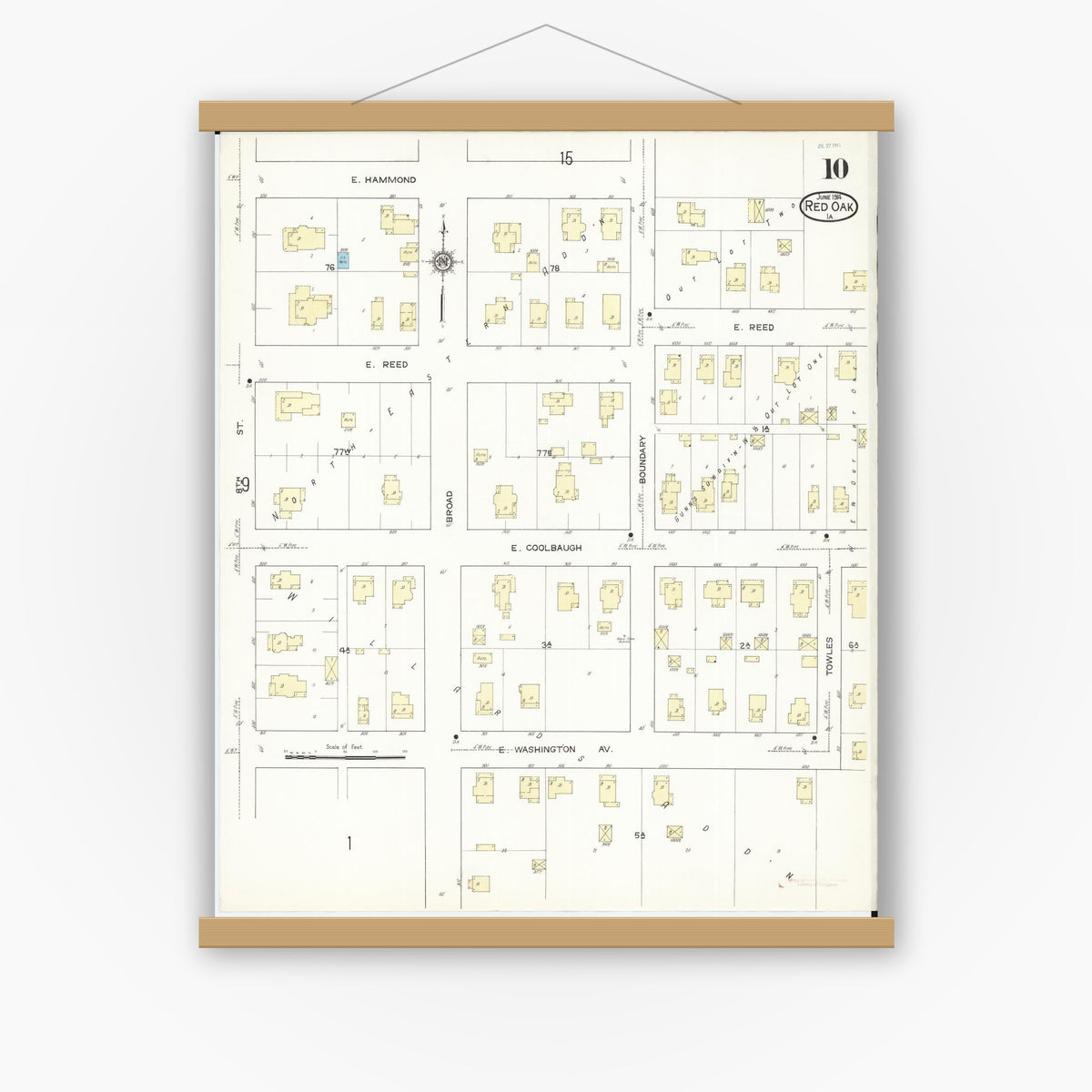 Old map wall art mockup — magnetic wood frame on white wall — Sanborn Fire Insurance Map from Red Oak, Montgomery County, Iowa (1914), Sheet #0010