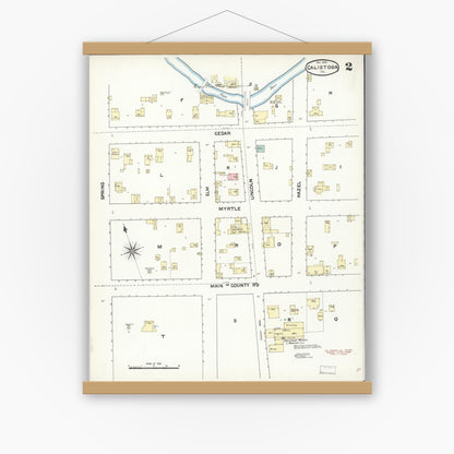 Old map wall art mockup — magnetic wood frame on white wall — Sanborn Fire Insurance Map from Calistoga, Napa County, California (1890), Sheet #0002