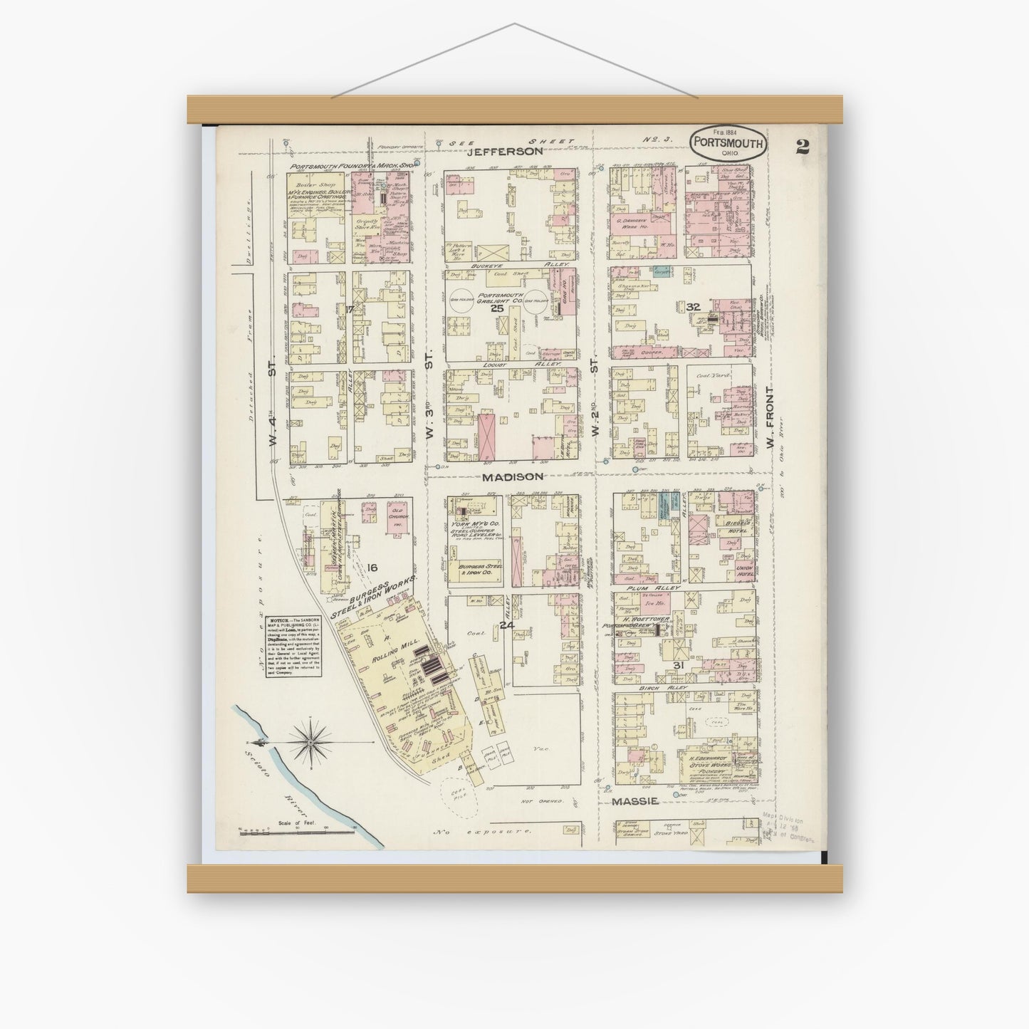 Old map wall art mockup — magnetic wood frame on white wall — Sanborn Fire Insurance Map from Portsmouth, Scioto County, Ohio (1884), Sheet #0002