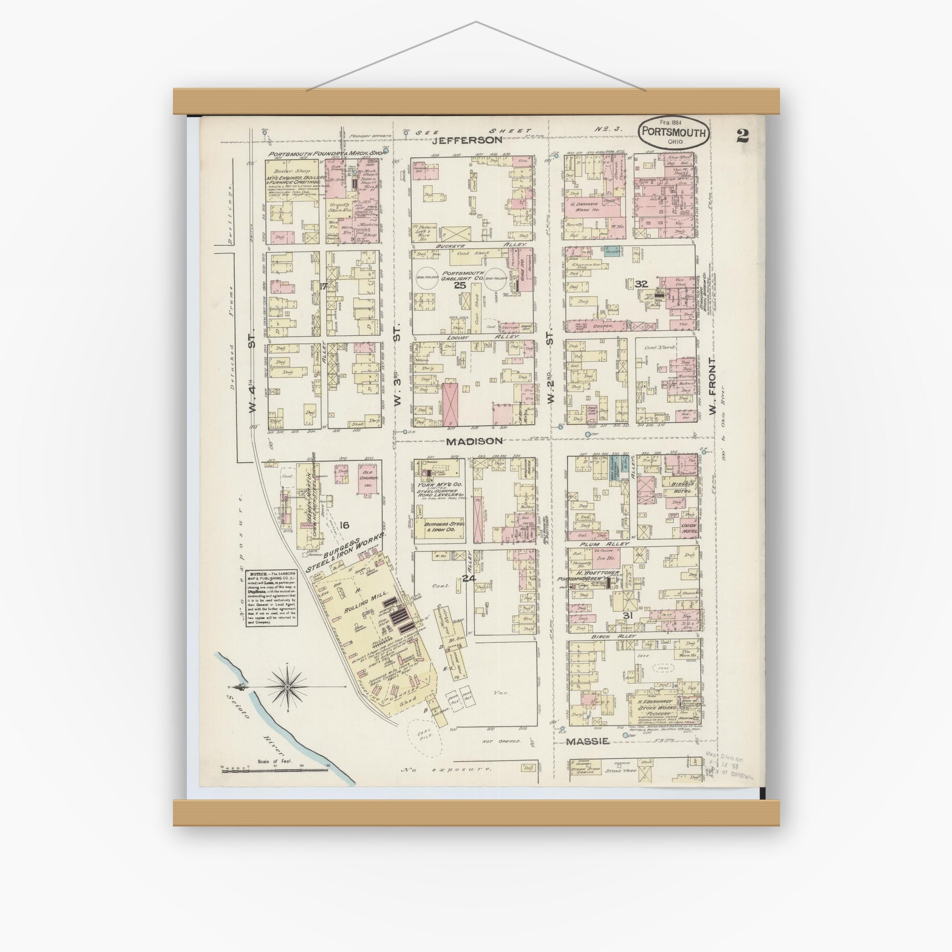 Old map wall art mockup — magnetic wood frame on white wall — Sanborn Fire Insurance Map from Portsmouth, Scioto County, Ohio (1884), Sheet #0002