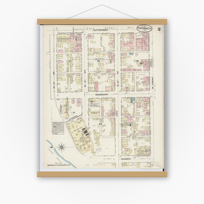 Old map wall art mockup — magnetic wood frame on white wall — Sanborn Fire Insurance Map from Portsmouth, Scioto County, Ohio (1884), Sheet #0002