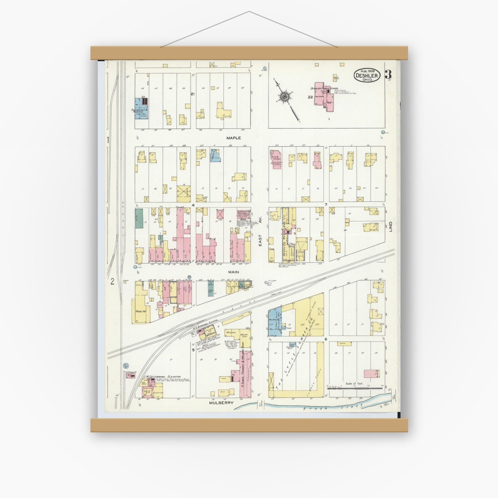 Old map wall art mockup — magnetic wood frame on white wall — Sanborn Fire Insurance Map from Deshler, Henry County, Ohio (1909), Sheet #0003