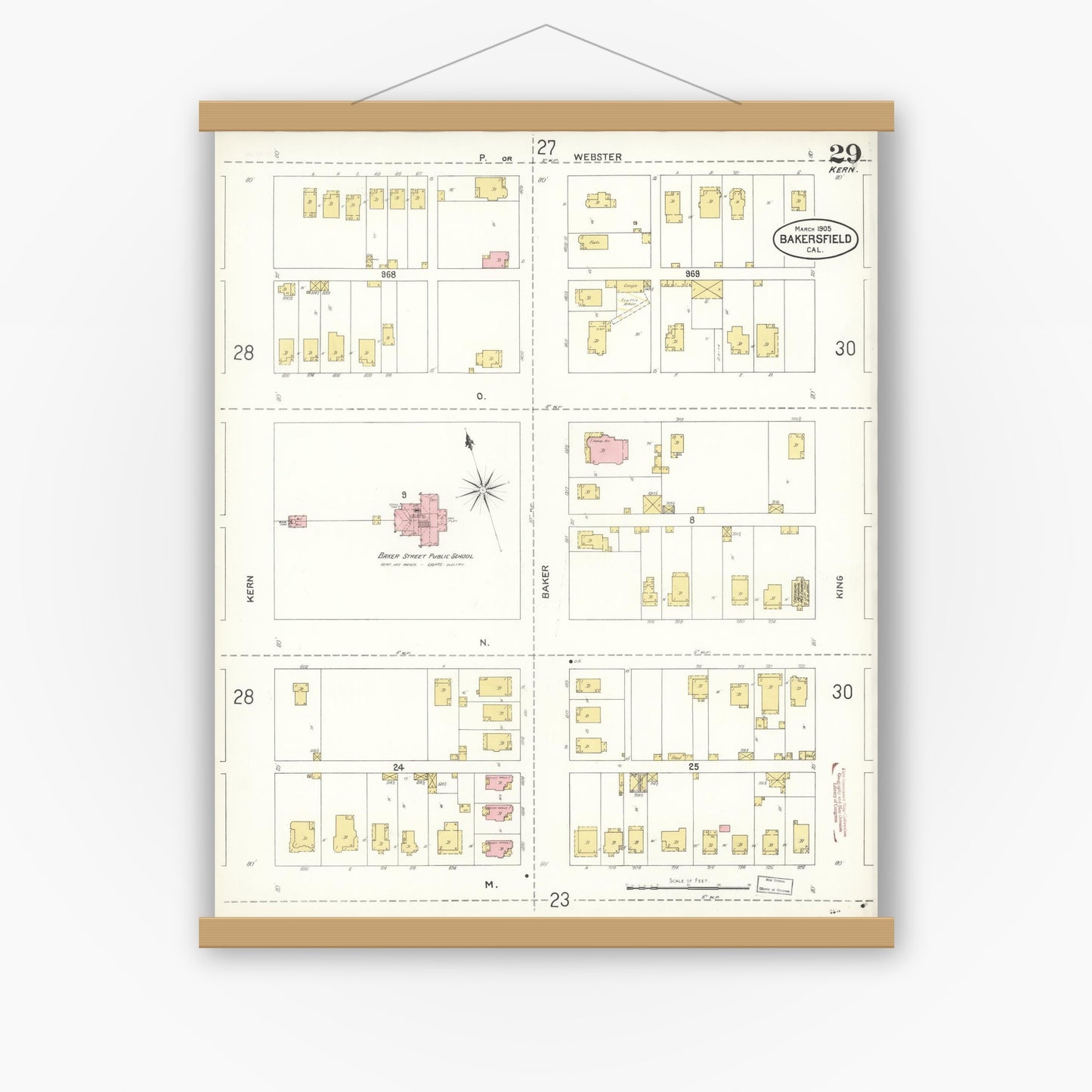 Old map wall art mockup — magnetic wood frame on white wall — Sanborn Fire Insurance Map from Bakersfield, Kern County, California (1905), Sheet #0029