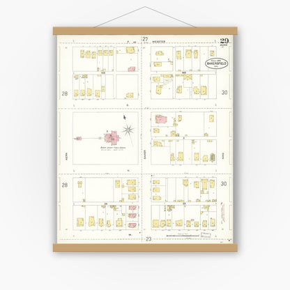 Old map wall art mockup — magnetic wood frame on white wall — Sanborn Fire Insurance Map from Bakersfield, Kern County, California (1905), Sheet #0029