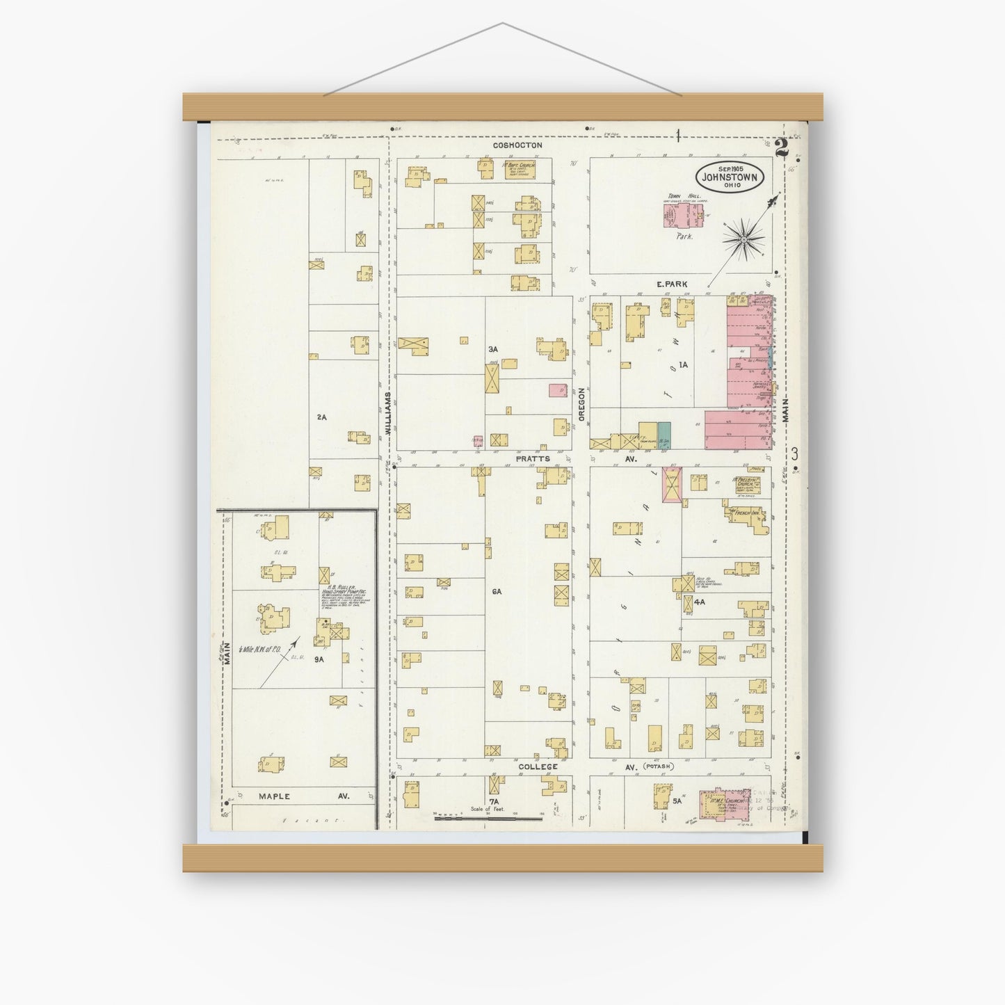 Old map wall art mockup — magnetic wood frame on white wall — Sanborn Fire Insurance Map from Johnstown, Licking County, Ohio (1905), Sheet #0002