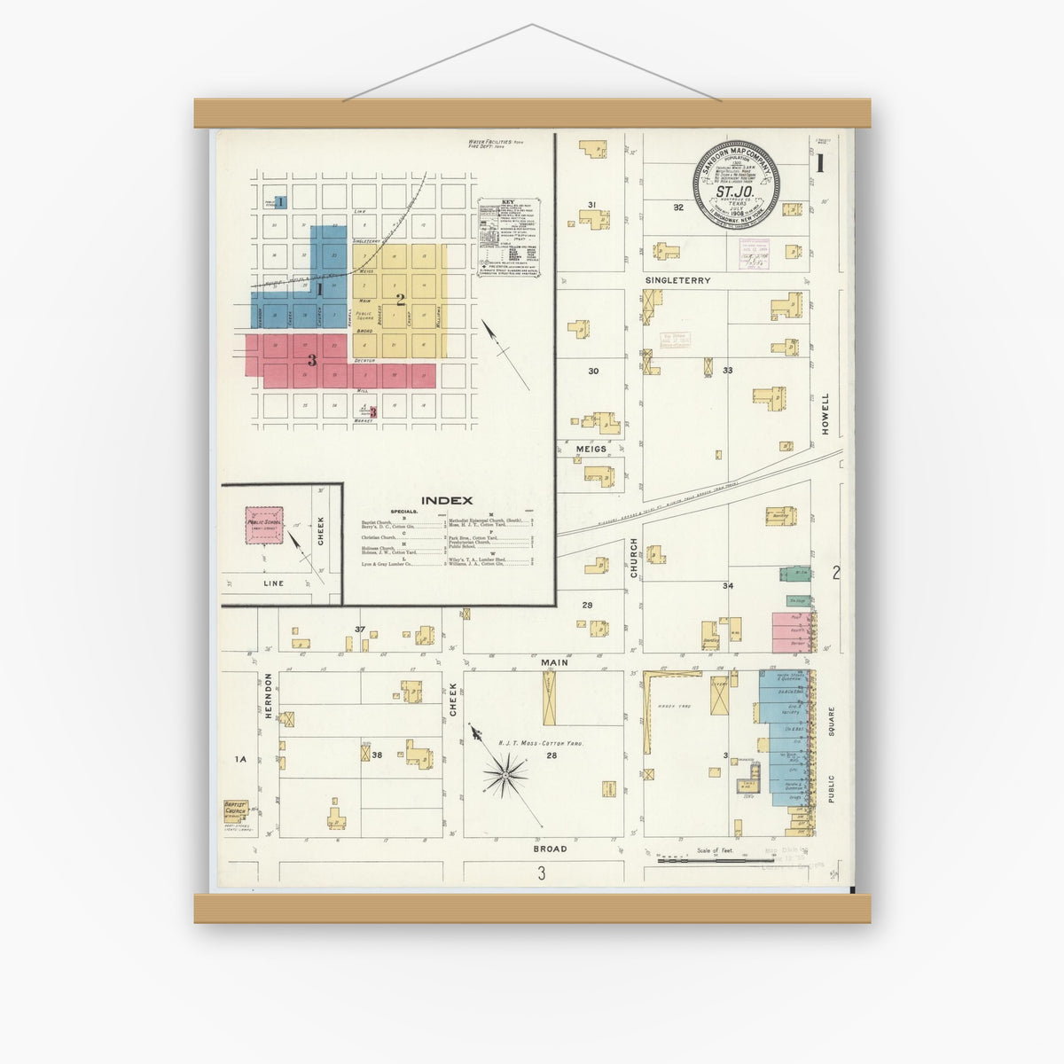 Old map wall art mockup — magnetic wood frame on white wall — Sanborn Fire Insurance Map from Saint Jo, Montague County, Texas (1908), Sheet #0001