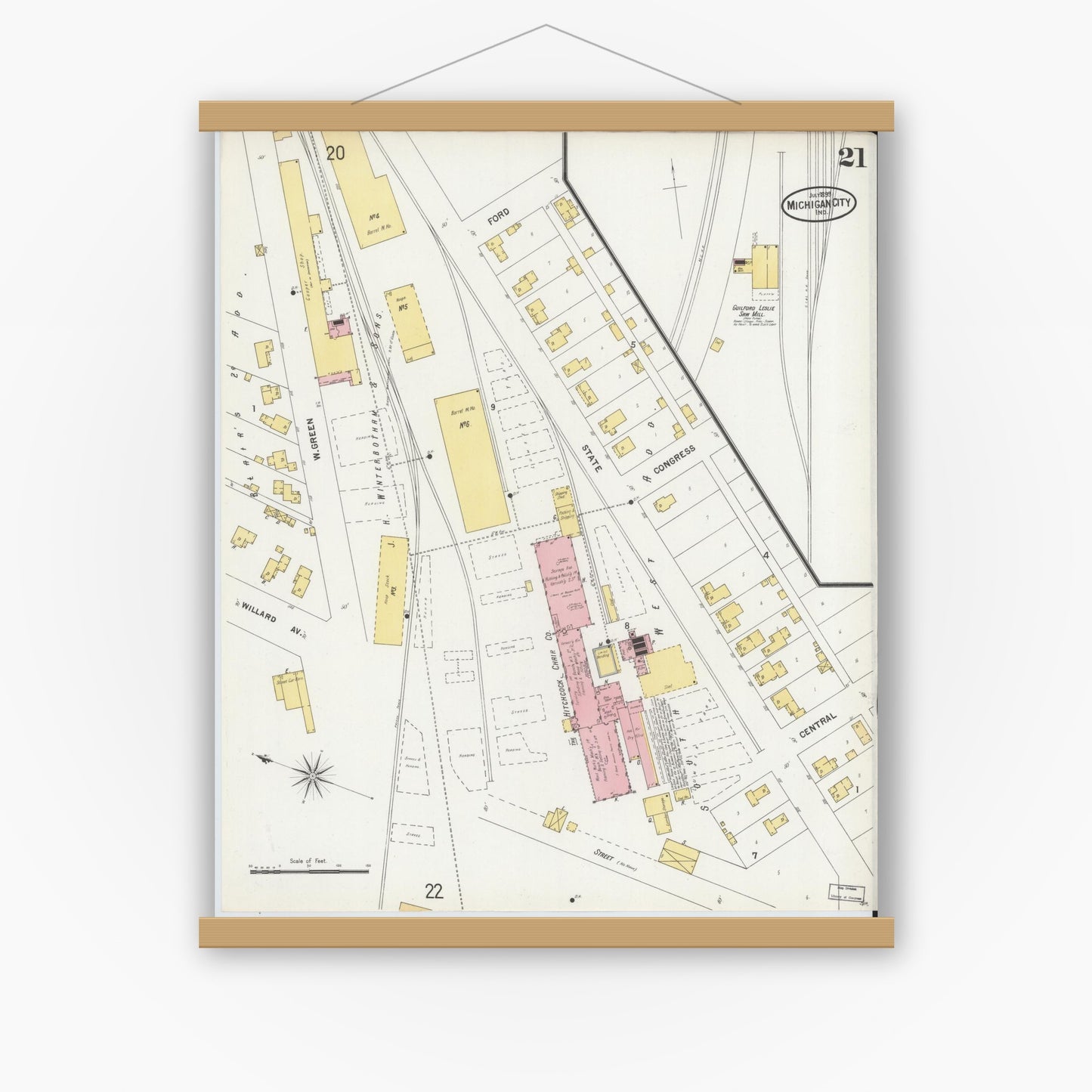 Old map wall art mockup — magnetic wood frame on white wall — Sanborn Fire Insurance Map from Michigan City, La Porte County, Indiana (1899), Sheet #0021