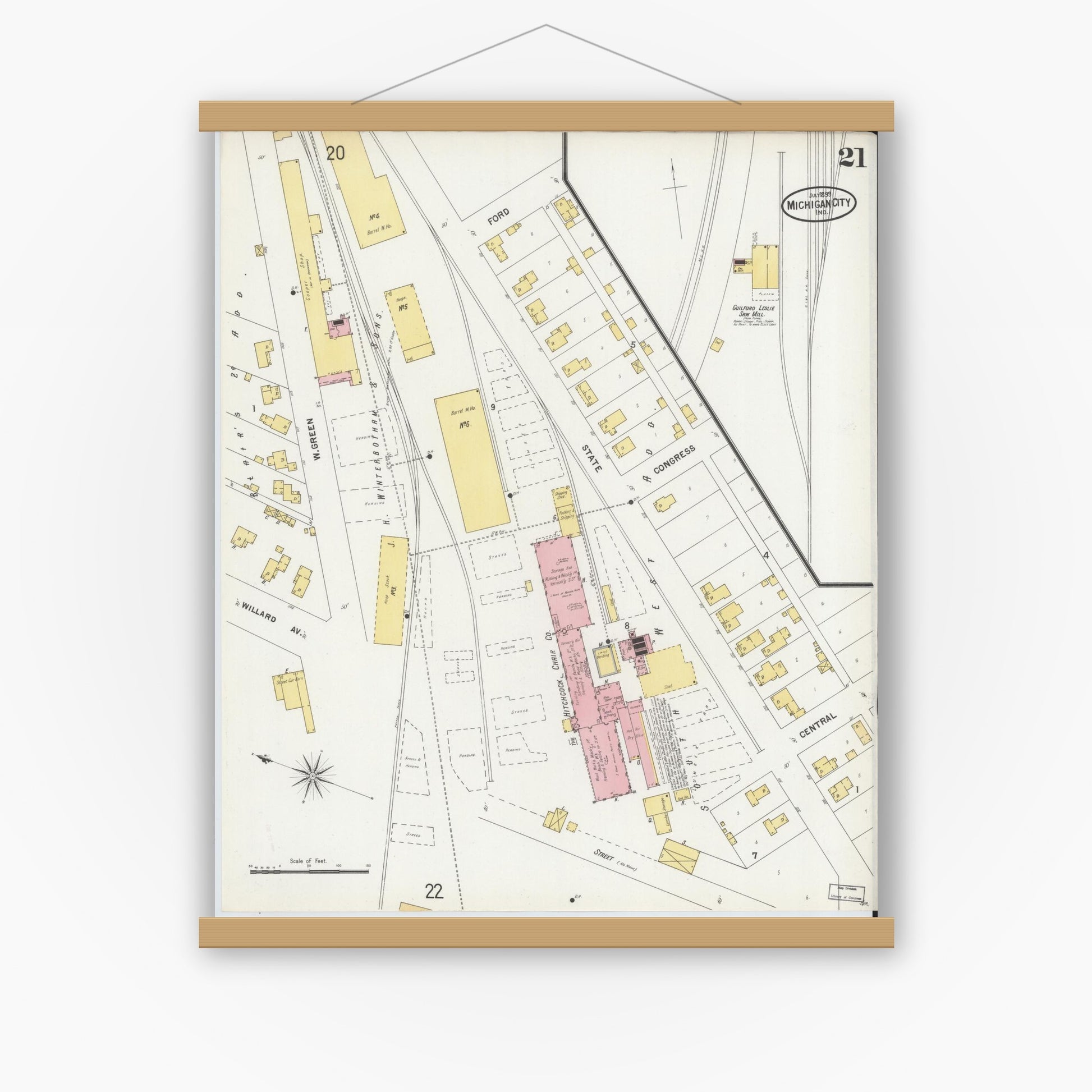 Old map wall art mockup — magnetic wood frame on white wall — Sanborn Fire Insurance Map from Michigan City, La Porte County, Indiana (1899), Sheet #0021