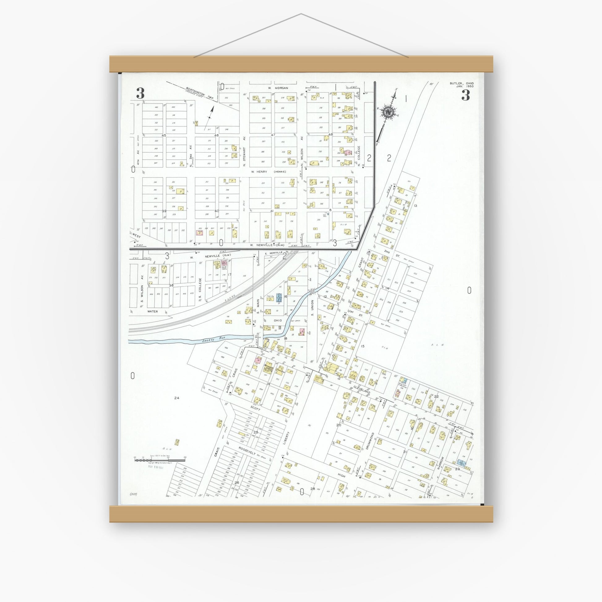 Old map wall art mockup — magnetic wood frame on white wall — Sanborn Fire Insurance Map from Butler, Richland County, Ohio (1950), Sheet #0003
