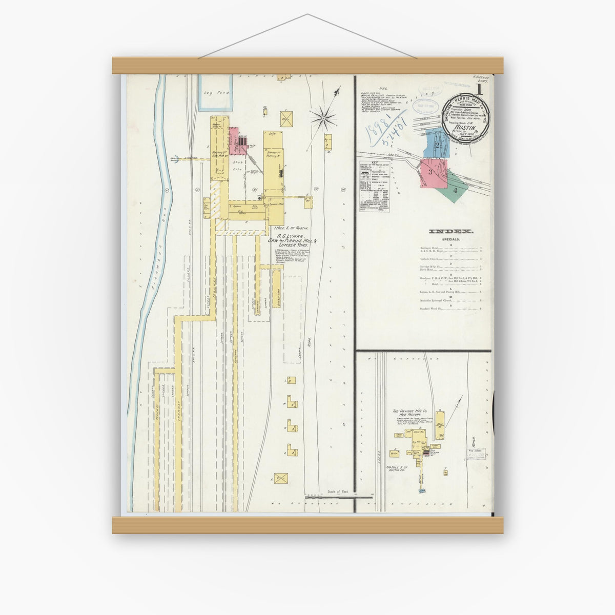 Old map wall art mockup — magnetic wood frame on white wall — Sanborn Fire Insurance Map from Austin, Potter County, Pennsylvania (1898), Sheet #0001