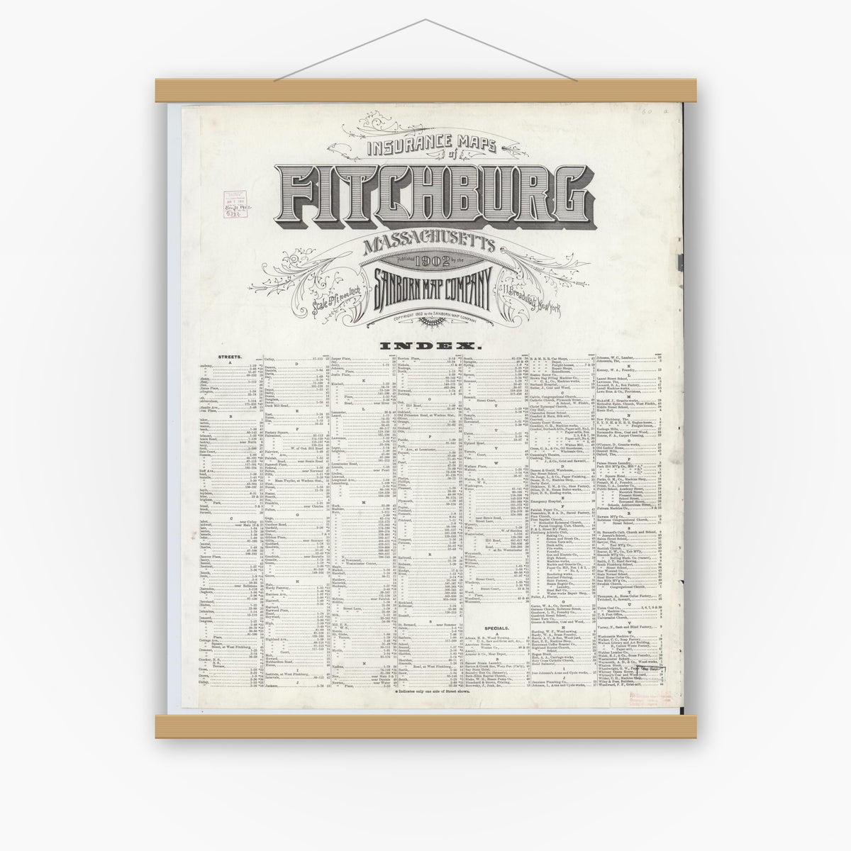 Old map wall art mockup — magnetic wood frame on white wall — Sanborn Fire Insurance Map from Fitchburg, Worcester County, Massachusetts (1902), Sheet #0001