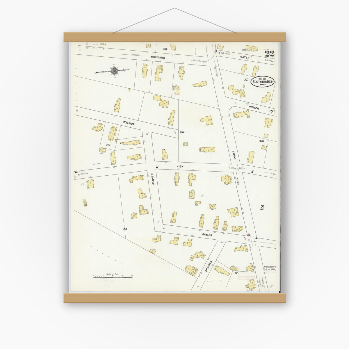 Old map wall art mockup — magnetic wood frame on white wall — Sanborn Fire Insurance Map from Southbridge, Worcester County, Massachusetts (1911), Sheet #0022