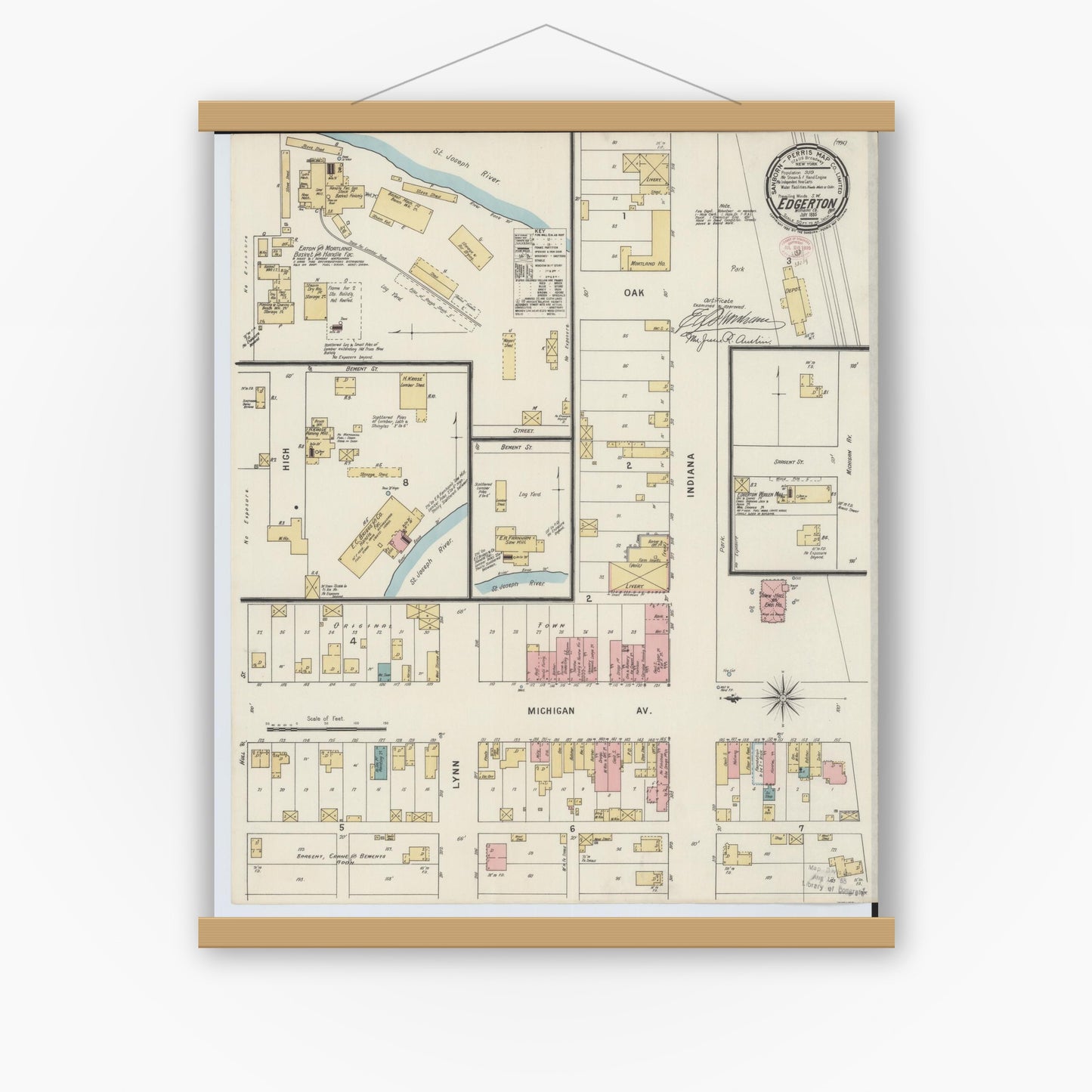 Old map wall art mockup — magnetic wood frame on white wall — Sanborn Fire Insurance Map from Edgerton, Williams County, Ohio (1895), Sheet #0001