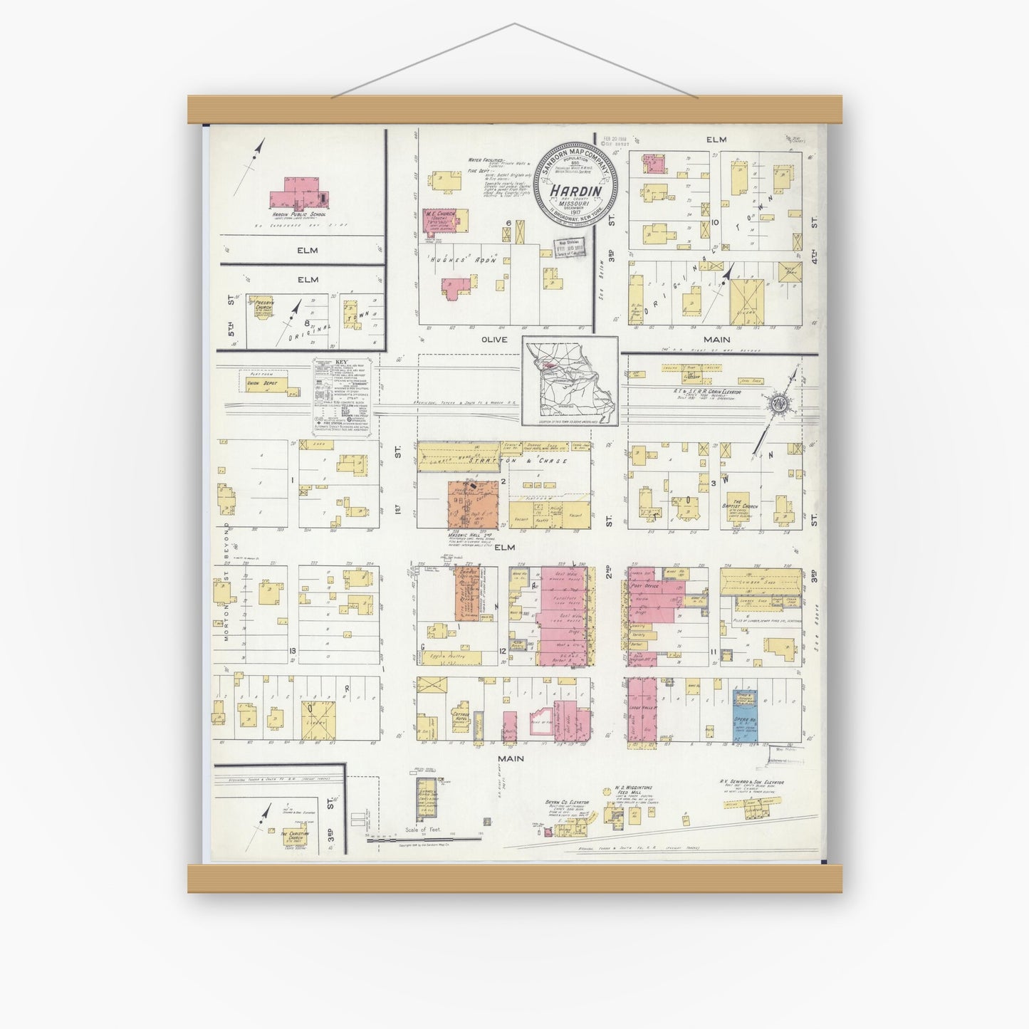 Old map wall art mockup — magnetic wood frame on white wall — Sanborn Fire Insurance Map from Hardin, Ray County, Missouri (1917), Sheet #0001