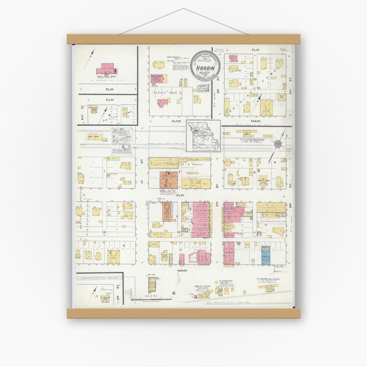 Old map wall art mockup — magnetic wood frame on white wall — Sanborn Fire Insurance Map from Hardin, Ray County, Missouri (1917), Sheet #0001