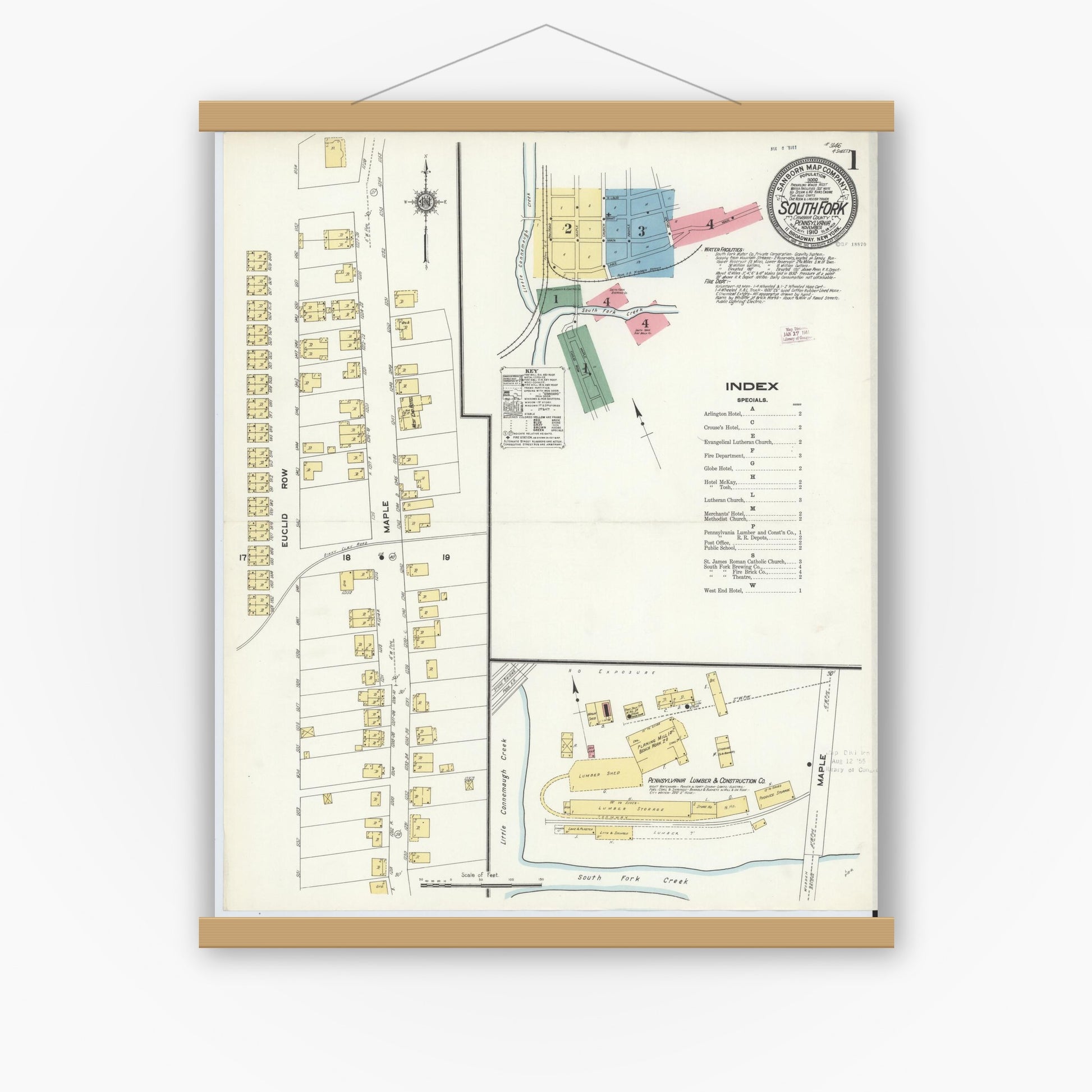 Old map wall art mockup — magnetic wood frame on white wall — Sanborn Fire Insurance Map from South Fork, Cambria County, Pennsylvania (1910) - Complete Map Set