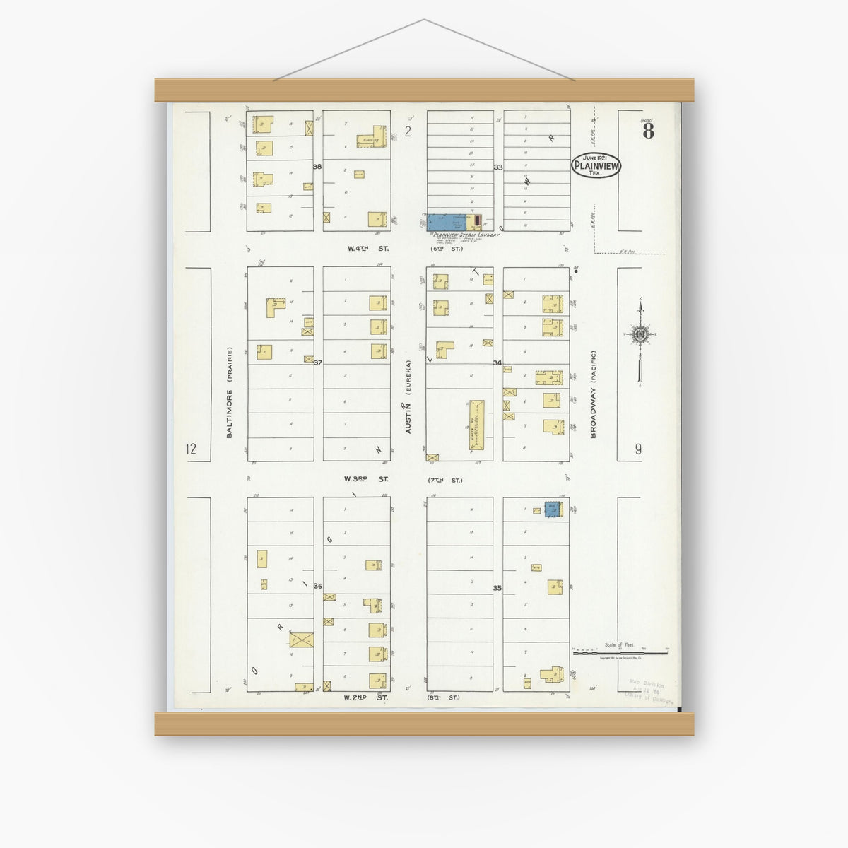 Old map wall art mockup — magnetic wood frame on white wall — Sanborn Fire Insurance Map from Plainview, Hale County, Texas (1921), Sheet #0008