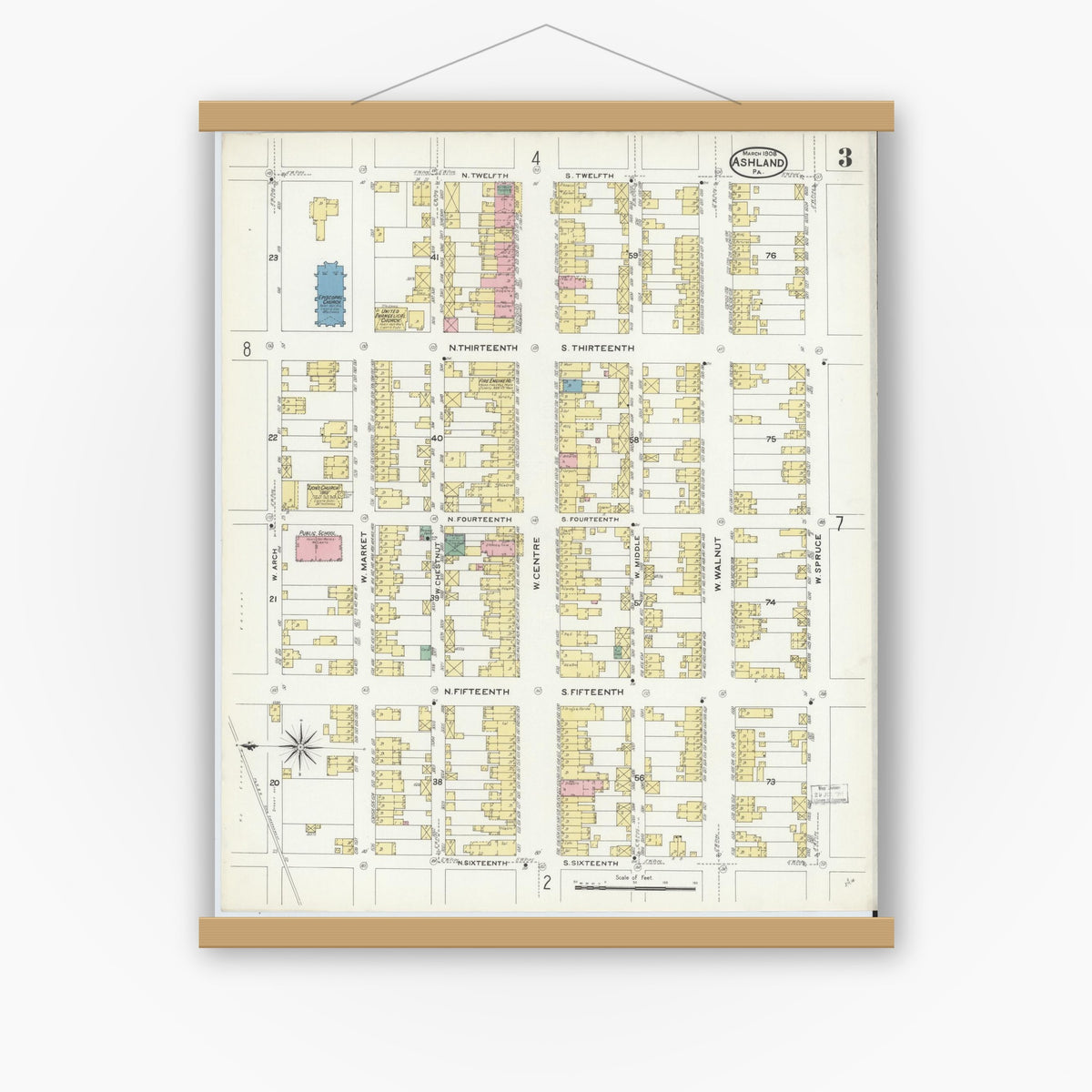 Old map wall art mockup — magnetic wood frame on white wall — Sanborn Fire Insurance Map from Ashland, Schuylkill County, Pennsylvania (1908), Sheet #0003