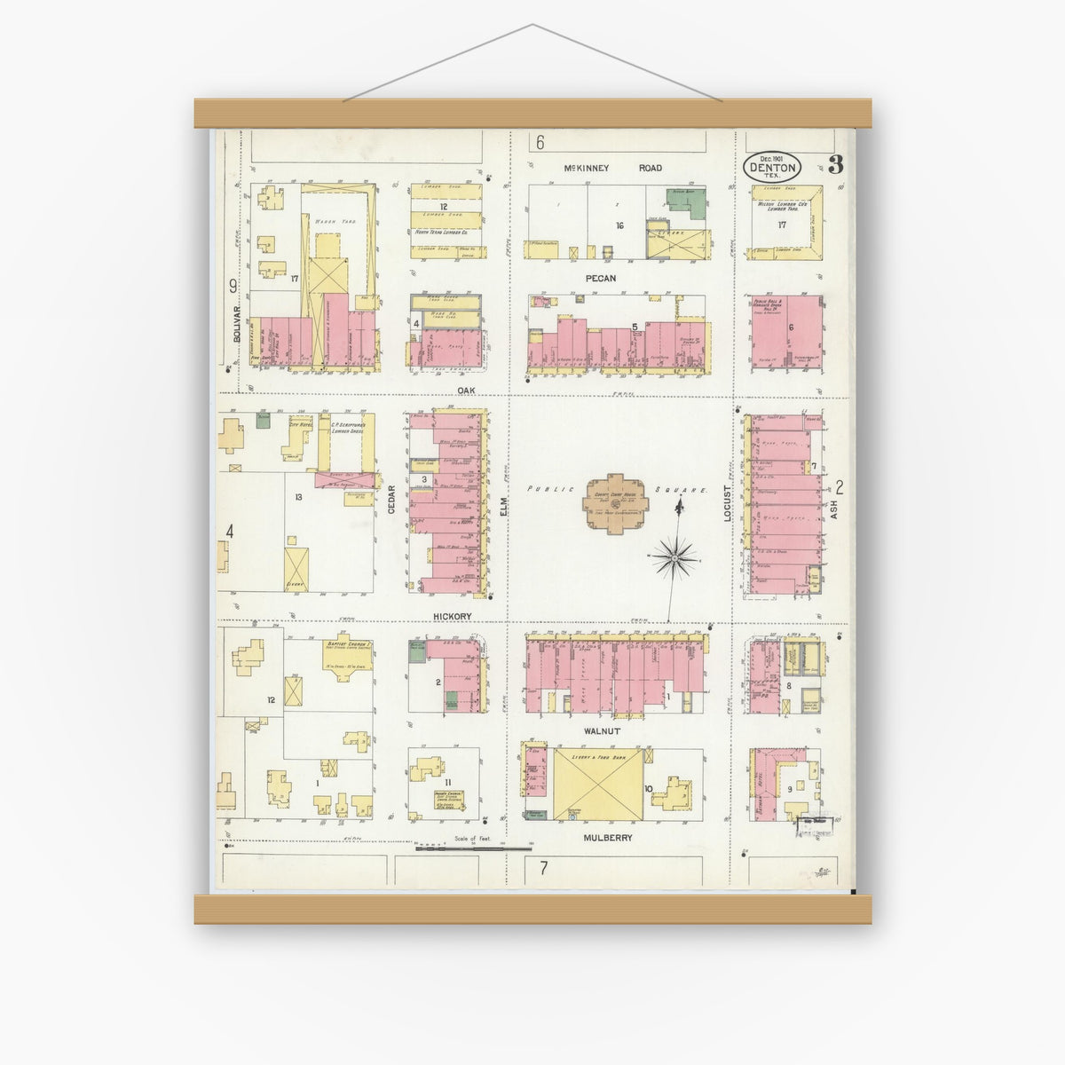 Old map wall art mockup — magnetic wood frame on white wall — Sanborn Fire Insurance Map from Denton, Denton County, Texas (1901), Sheet #0003