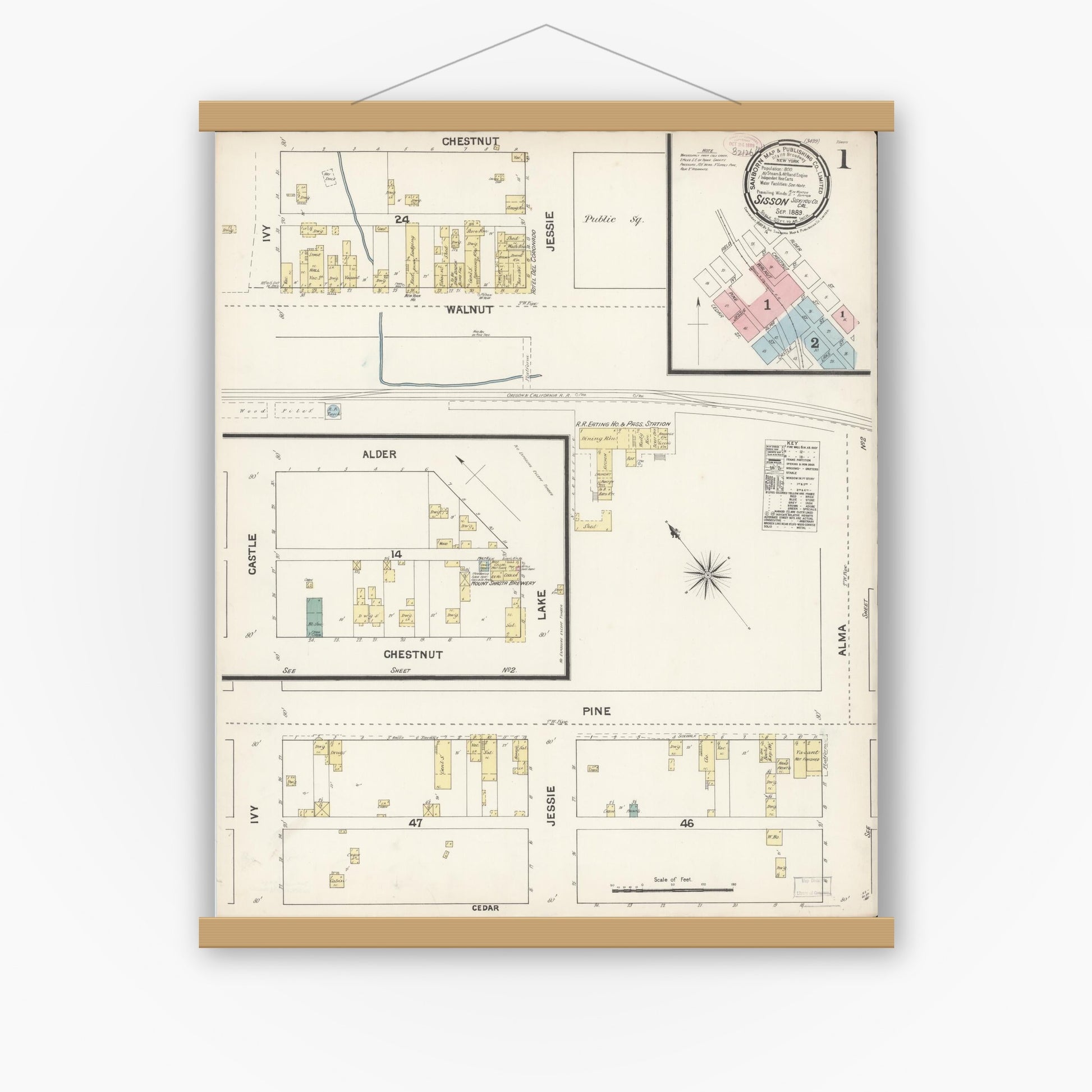 Old map wall art mockup — magnetic wood frame on white wall — Sanborn Fire Insurance Map from Sisson, Siskiyou County, California (1889) - Complete Map Set