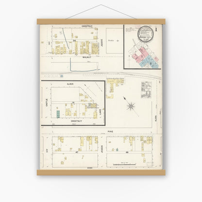 Old map wall art mockup — magnetic wood frame on white wall — Sanborn Fire Insurance Map from Sisson, Siskiyou County, California (1889) - Complete Map Set