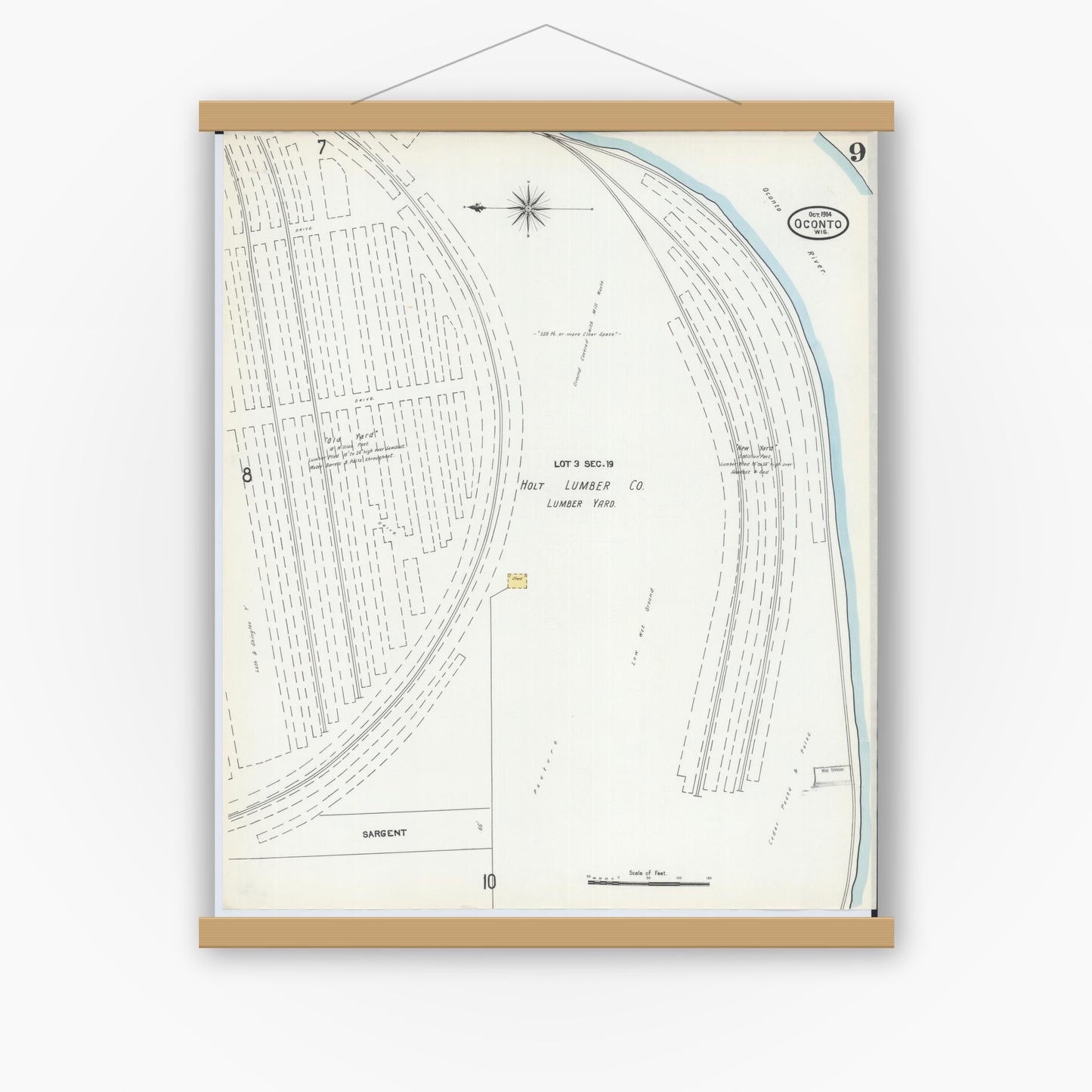 Old map wall art mockup — magnetic wood frame on white wall — Sanborn Fire Insurance Map from Oconto, Oconto County, Wisconsin (1904), Sheet #0009