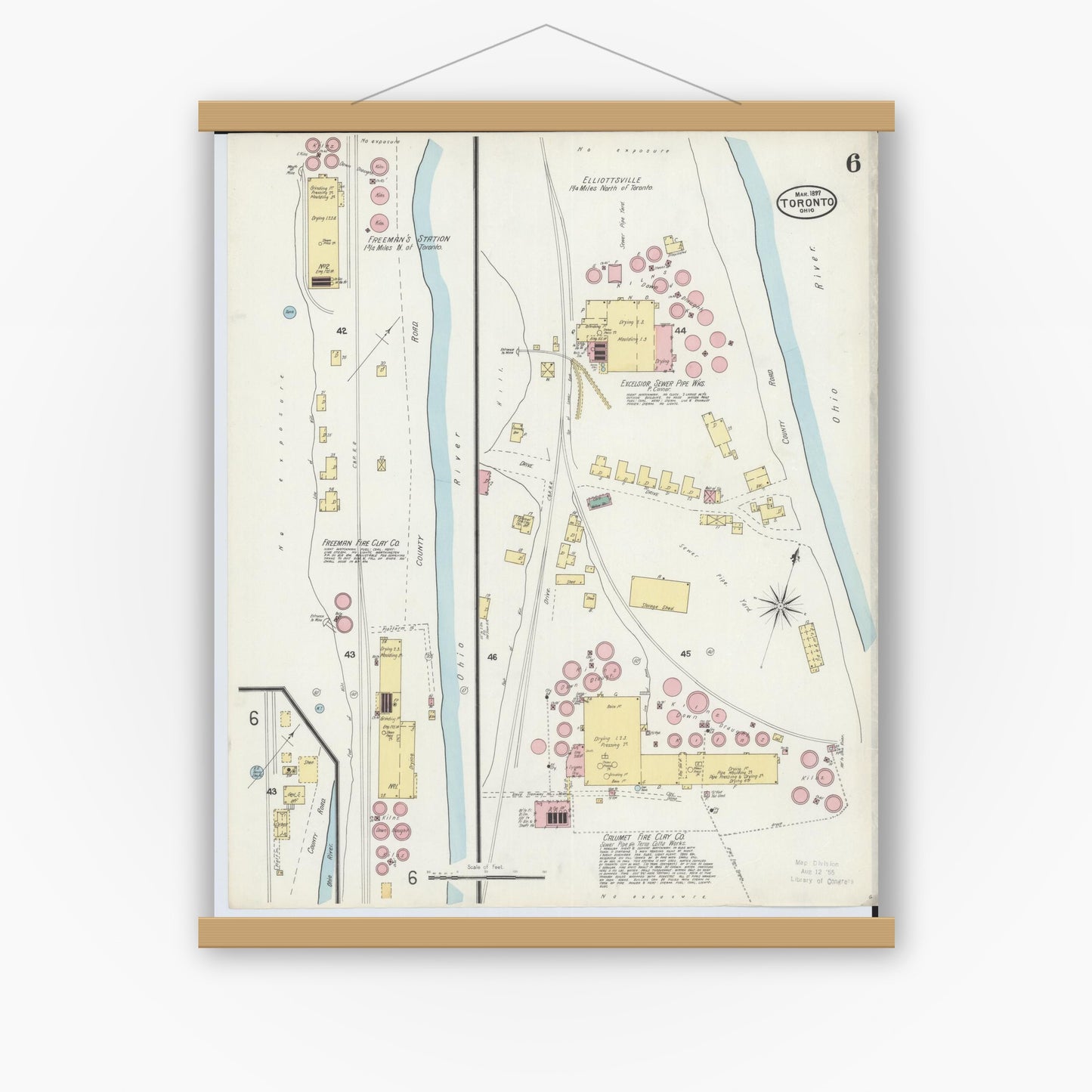 Old map wall art mockup — magnetic wood frame on white wall — Sanborn Fire Insurance Map from Toronto, Jefferson County, Ohio (1897), Sheet #0006