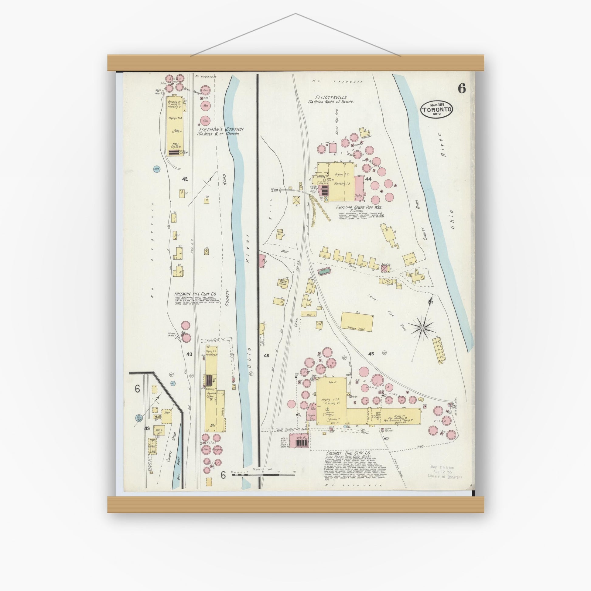 Old map wall art mockup — magnetic wood frame on white wall — Sanborn Fire Insurance Map from Toronto, Jefferson County, Ohio (1897), Sheet #0006