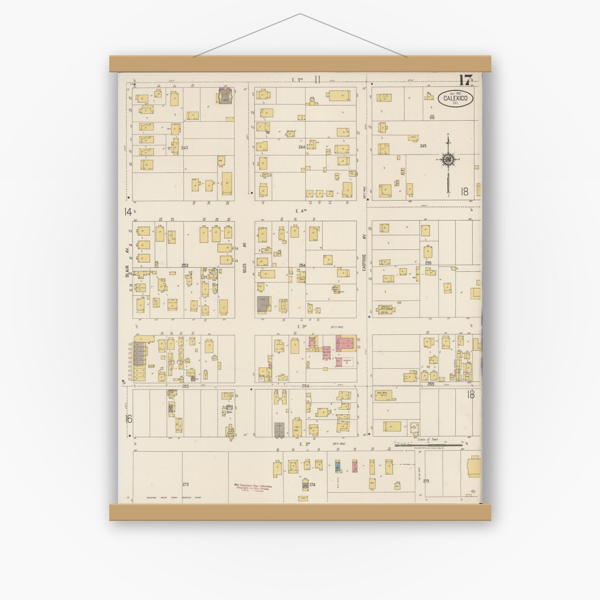 Old map wall art mockup — magnetic wood frame on white wall — Sanborn Fire Insurance Map from Calexico, Imperial County, California (1920), Sheet #0017