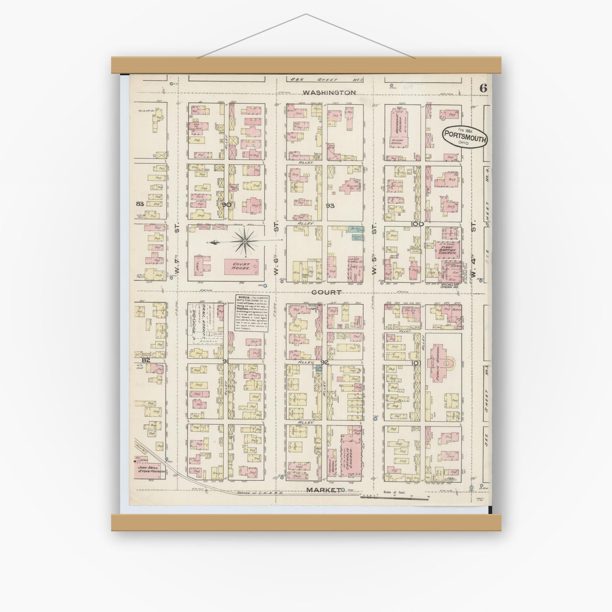 Old map wall art mockup — magnetic wood frame on white wall — Sanborn Fire Insurance Map from Portsmouth, Scioto County, Ohio (1884), Sheet #0006