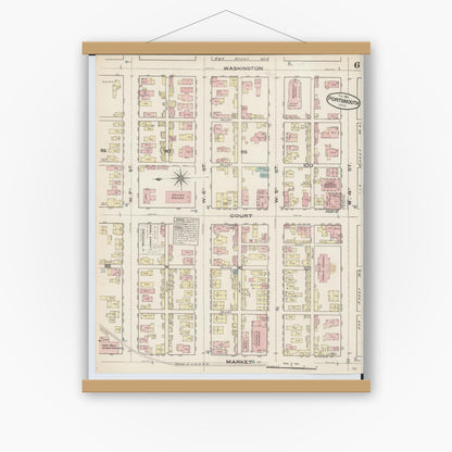 Old map wall art mockup — magnetic wood frame on white wall — Sanborn Fire Insurance Map from Portsmouth, Scioto County, Ohio (1884), Sheet #0006