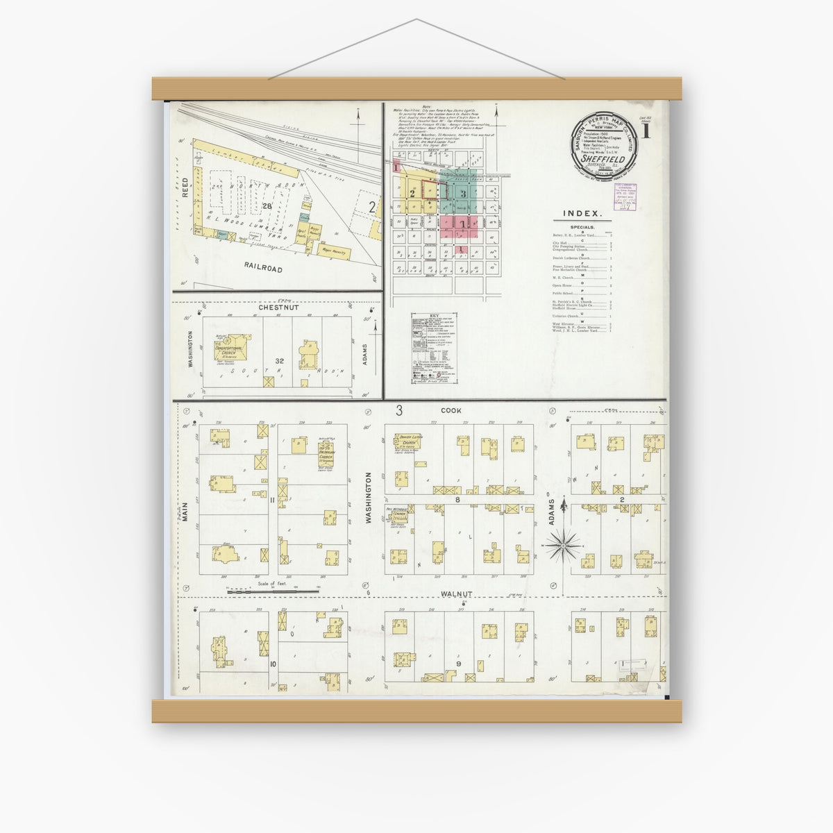 Old map wall art mockup — magnetic wood frame on white wall — Sanborn Fire Insurance Map from Sheffield, Bureau County, Illinois (1901) - Complete Map Set