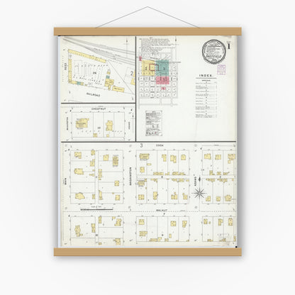 Old map wall art mockup — magnetic wood frame on white wall — Sanborn Fire Insurance Map from Sheffield, Bureau County, Illinois (1901) - Complete Map Set